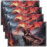 Castle Fairy Dragon Place Mats for Kids Adults,Red Wildlife Exotic Dragon Volcano Washable Indoor/Outdoor Place Mats,Nature Mountain Rock Scratch Proof Table Mats 12x18 Set of 4