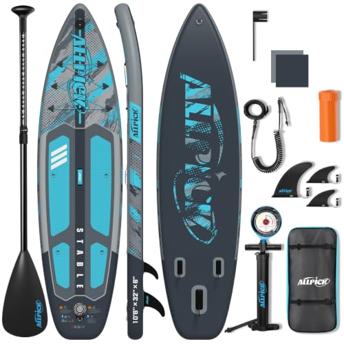 ALLPICK Premium SUP Board Set, Stand Up Paddling Board Aufblasbar, Mit Universal Kamerahalterung, Komplettes Zubehör, Verstellbares Paddel, Anfänger, Fortgeschrittene,200kg,Graublau