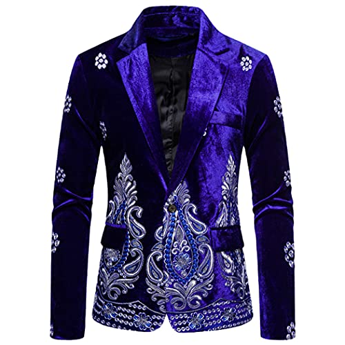 Mens Blue Velvet Floral Blazer, Silver Thread Embroidery Single Button Wedding Suits Coat, Social Veste Jacket