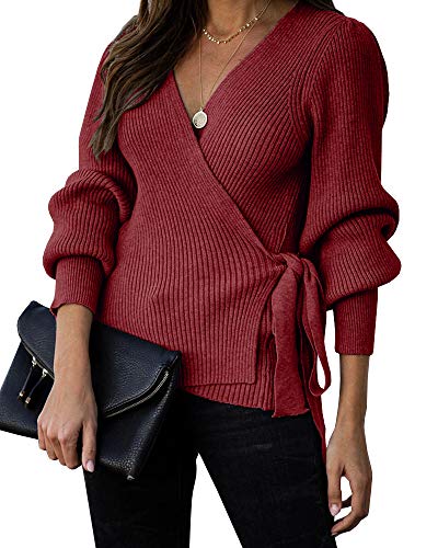 Womens Wrap Long Balloon Sleeves Sweater Top V Neck Belted Waist Tie Front Pullover Sweaters Ribbed Knit Jumper Tunic Wine Red