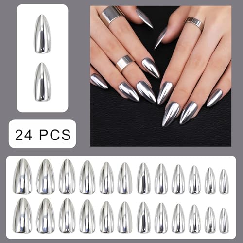 SHIQIXIANNV Press on Nails - Silver Chrome Glossy Design