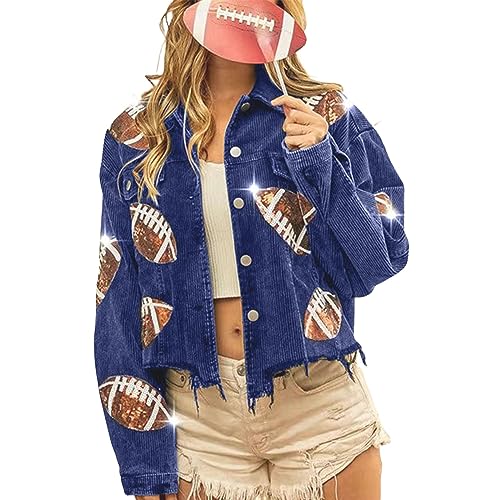 Cropped Corduroy Jacket Women Football Sequin Patched Short Button Raw Hem Jacket Coat Casual Long Sleeve Shacket2