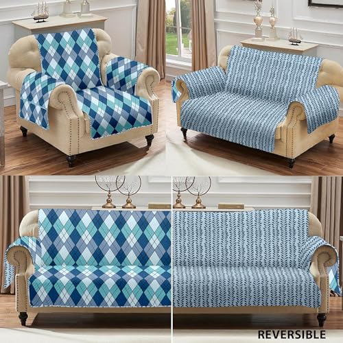 Image of Amazon Basics Printed Quilted Reversible Sofa Topper | 3 Seater | 170Cm X 175Cm | 325 GSM | Color - Navy Blue, Polyester Blend