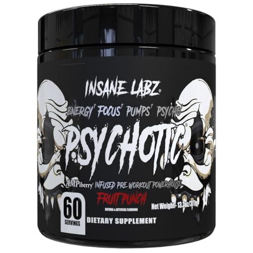 Image of Insane Labz Psychotic Black Edition Mid Stimulant Pre Workout Powder, Energy Focus Pumps, Loaded with Creatine Beta Alanine Taurine Fueled by AMPiberry, 60 Servings (60, Fruit Punch)