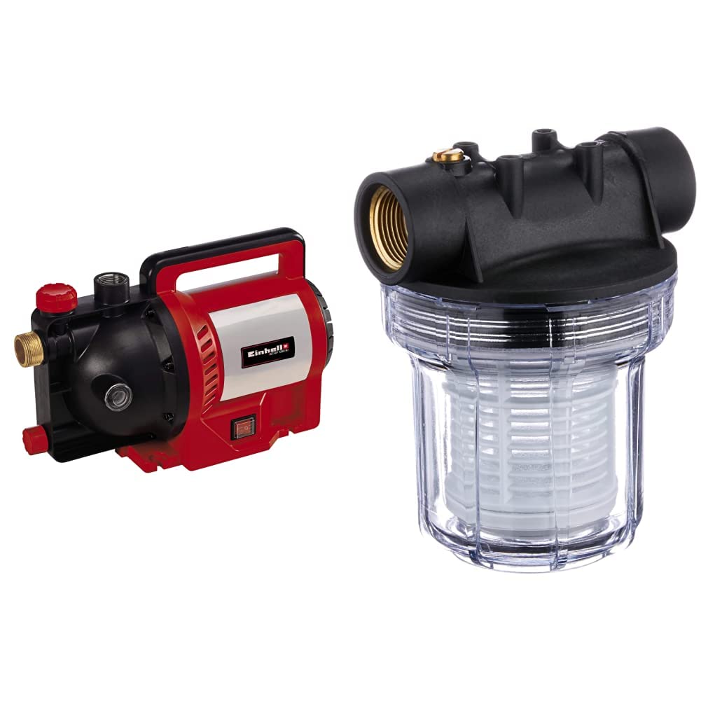 Einhell Gartenpumpe GC-GP 1250 N (1.200 W, max. 5000 L/h, max. Förderhöhe 50 m, Wasserfüllanzeige, Wassereinfüllöffnung /-ablassschraube, Frostschutz, Thermoschutz) & Original Einhell Vorfilter (12cm)