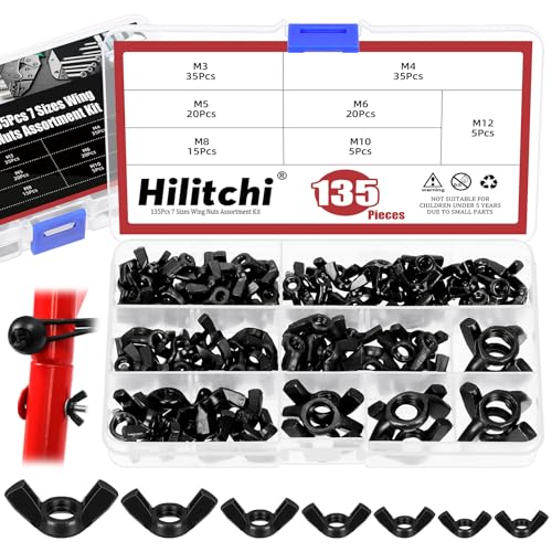 Hilitchi 135Pcs Metric Wing Nuts Assortment Kit, M3 M4 M5 M6 M8 M10 M12 Wing Bolt Fasteners for Machinery Equipment