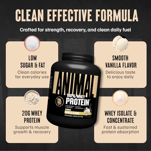 Image of Animal 100% Whey Protein Powder - Whey Blend for Pre Workout or Post Workout, Recovery, or an Anytime Low Sugar Protein Boost Meal Replacement with BCAA Branched Chain Amino Acids - Vanilla, 4 lb
