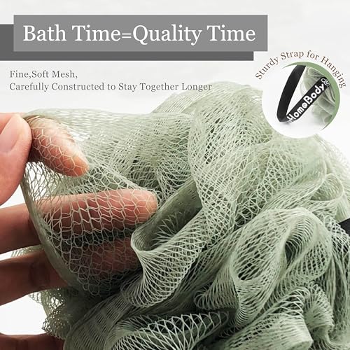 myHomeBody Large 70g Loofah Sponge, Bath Body Scrubber for Women, Men, Exfoliating Shower Pouf with Activated Charcoal - 2 Graphite Gray + 1 Sage Green, 3 Pack - Image 4