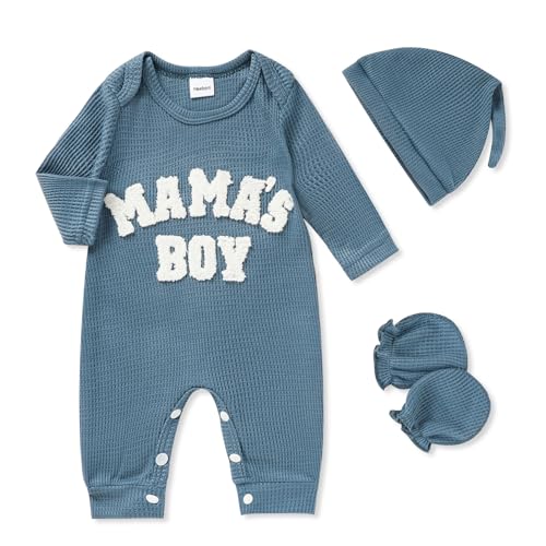 Image of GRNSHTS Newborn Baby Boy Romper Coming Home Outfits Letter Print Bodysuit Jumpsuit+Hat+Gloves 3PCS Clothes Set