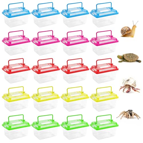 Nyuemystery 20 Pack Small Plastic Reptile Carrier Tarantula Enclosure Breeding Box with Handle and Ventilation Lid for Spider Lizard Turtle Hermit Crab Fish 5.1 x 3.5 x 3.5 Inch Multi-Color