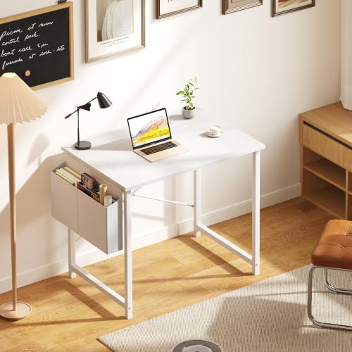 Image of OLIXIS Small Computer Desk, 31 Inch Gaming Desks for Home Office | Writing Study Craft Work Table, Computer Workstation for Bedroom Small Spaces with Storage Bag, All White