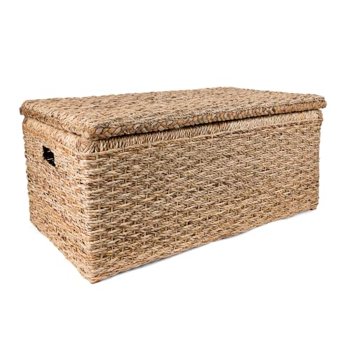 Wholestory Collective Handwoven Wicker 35" Banana Leaf Storage Trunk And Chest Toybox Xl Organizers With Lid, Natural Color With Handles #TOP1