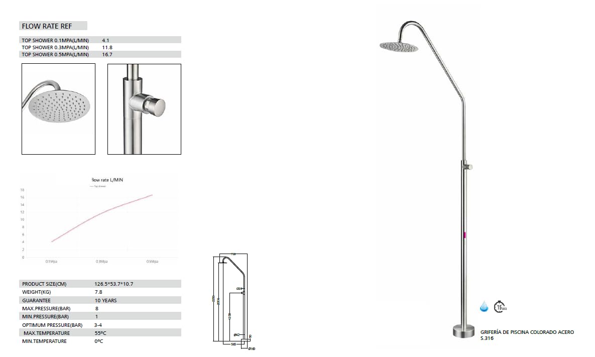 Mice - Ducha Exterior para Piscina y Jardín, 225 cm de Alto con Rociador de 25 cm diametro, Salida de Agua con Botón Temporizador 15 Segundos, Agua Fría - De Acero INOX S316 - Gatantia de 10 años