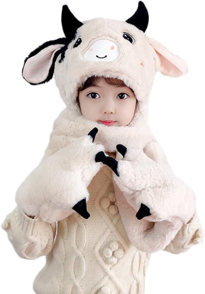 Scarf,Cow Plush Hat Scarf Gloves Mitten Ear for Beanie Hat in Cold Weather Coldproof for Winter Daily Wear Go to Scarf(White)