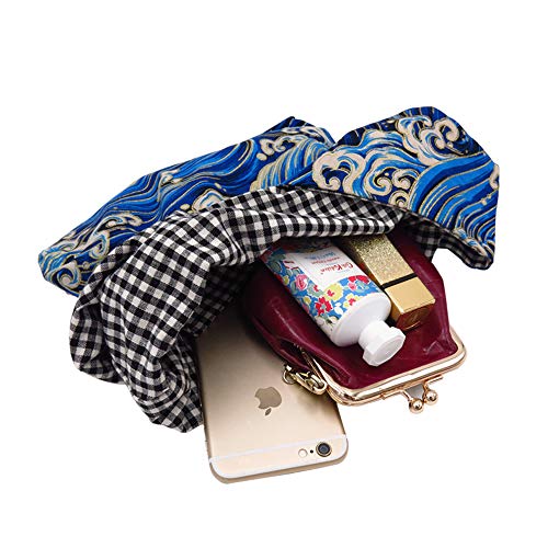 Image of Stylish Cotton Japanese Pattern Wrist Bag Sleeve Knot Pouch Portable Canvas Tote Purse for Female, Women (Wave)