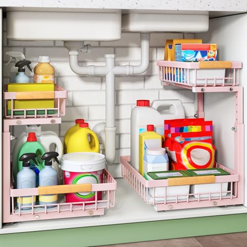 Image of Kitstorack Under Sink Organizer, 2 Tier Under the Sink Storage, Slide out Pull out Cabinet Organizer Shelf, Metal Sliding Drawer for Kitchen Bathroom Pantry Closet Organization Rack, Pink, 2 Pack