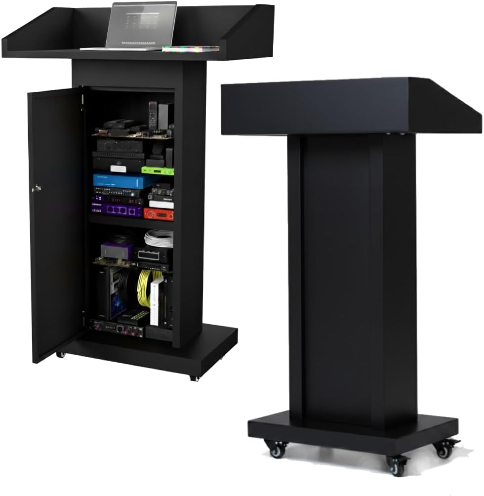 Heavy-Duty Black Metal Podium Stand with Lockable Wheels | Mobile Lectern with Storage Cabinet & Standard 50.4" Height | for Conference Rooms, Churches, Classrooms & Events (Style 3)