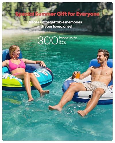 Image of QPAU Inflatable River Tube, 0.4 mm Thickened Puncture-Resistant Heavy Duty River Float, River Raft with Ergonomic Backrest, Mesh Bottom & 2 Cup Holders for Adults and Friends Lake Float