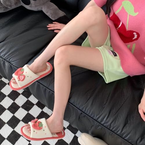 Strawberry Slippers Kawaii Indoor All-season Non-Slip Slides for Women Girl Linen Strawberry Stuff Cotton Shoes Home Gift4