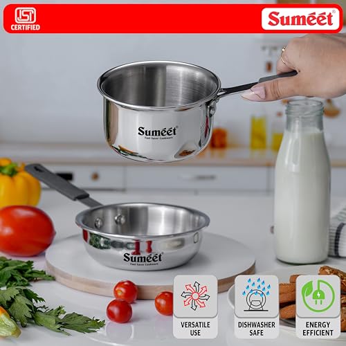Image of Sumeet Cook Smart ISI Certified Tri-Ply (Steel - Aluminium - Steel) Set of 3 Pcs Mini FryingTadka Pan 400ml - SauceTadka Pan 450ml with Silicon Grip | Induction & Gas Friendly | 2.5mm Thick, Silver