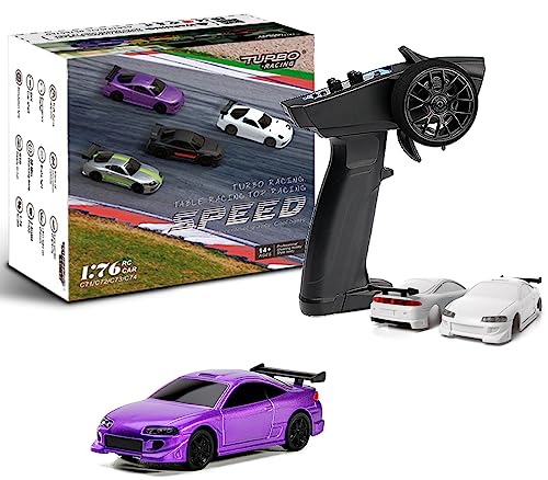 FLYCOLOR Turbo 1/76 Scale RC Car with 2.4G Remote contorl Classic LED Lights Full Proportional Vehicles Models(C72-Purple)