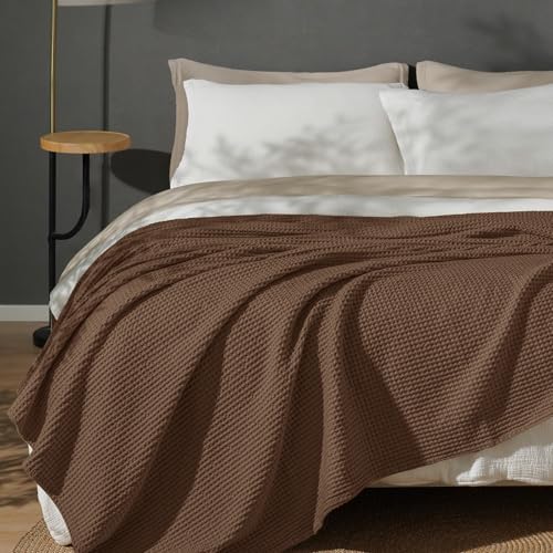 Image of PHF 100% Cotton Waffle Blanket Lightweight Breathable, Queen, Cappuccino | Pre-washed Soft Cozy Summer Throw for Hot Sleepers, Textured Decorative Layer for Bed Couch Sofa Guest Room, Giftable