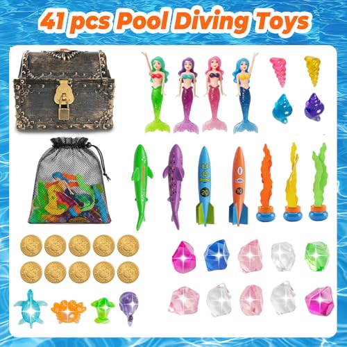 Urqgnc 41Pcs Pool Diving Toys for Kids with Mesh Bag, Mermaid Underwater Swimming Pool Games Set with Treasure Chest Gems Coins, Water Toy Gift for Boys Girls Ages 4-12 — view 2