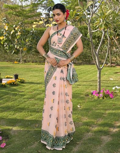 Image of SIRIL Women's Cotton Linen Mekhela Chador Printed Saree with Unstitched Blouse Piece