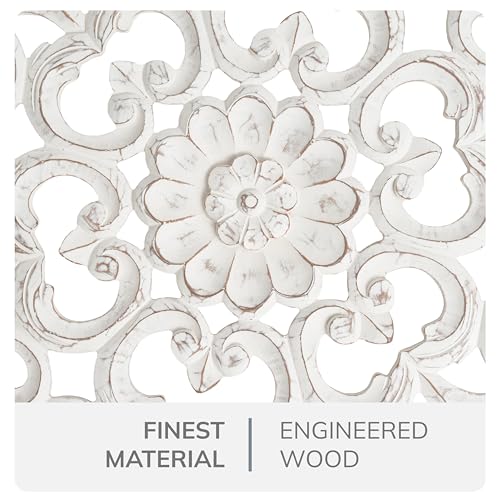 Image of JFY Designs Varinia Hand Carved Wood Medallion Wall Panels Bedroom Decor | Wall Mount Floral Sculpture Wall Art for Living Room, Bedroom Set, White Distressed Finish, Round 30 x 30 inch
