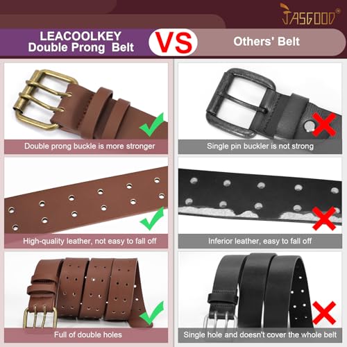 Image of JASGOOD Men Double Prong PU Leather Belt Casual Work Heavy Duty Belt Double Grommet Holes Belt for Jeans