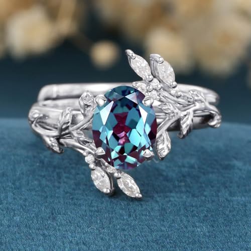 1ct 1.5ct 2ct Gemstone Wedding Ring Set - Oval Cut Gem Bridal Sets Wedding Rings White Yellow Rose 10K 14K 18K Gold Leaf Style Anniversary Promise Ring Set for Women4