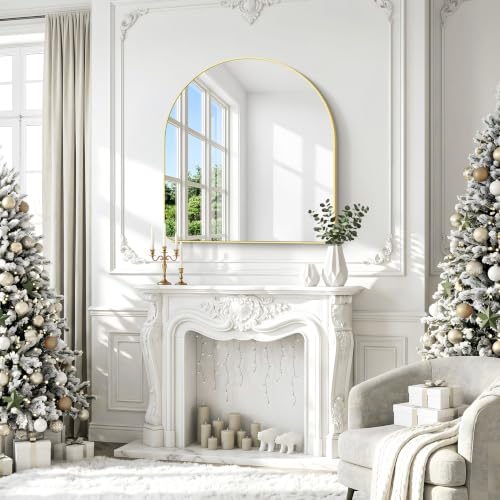 Image of BONEWEI Arched Wall Mirror,42x42 inch Gold Arched Mirror Bathroom,Large Vanity Mirror for Over Sink Metal Frame,Tempered Glass Arch Mirrors for Bedroom,Entryway,Living Room,Home Decor Shatter-Proof