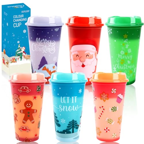 6pcs Christmas Color Changing Hot Coffee Cups with Lids Plastic Reusable Hot Chocolate Cups for Adults Kid Winter Christmas Holiday Birthday Party Cups Tumblers 16 Oz