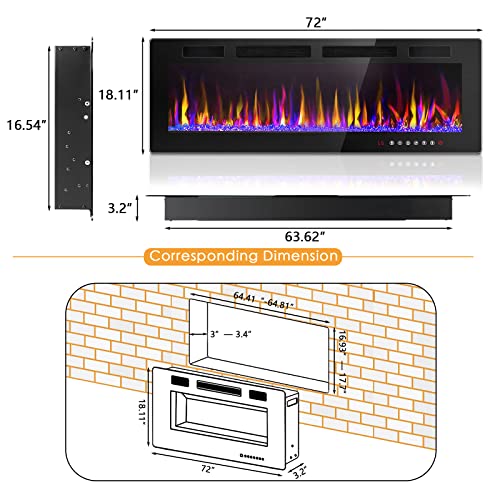 Lemberi 72 Inch Electric Fireplace Recessed And Wall Mounted,750/1500W Fireplace Heater And Linear Fireplace With Touch Screen Control Panel, Timer,Remote Control,Adjustable Flame Color And Speed #TOP6
