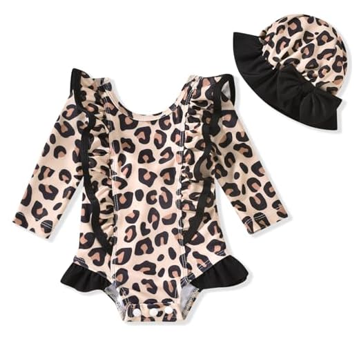 HINTINA Maiô feminino de manga comprida com babado e chapéu, Leopardo, 12-18 Months