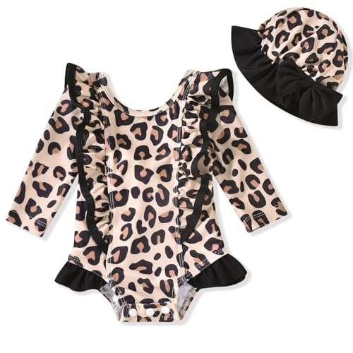 Image of HINTINA Baby Girl One Piece Long Sleeve Ruffle Swimsuit with Hat