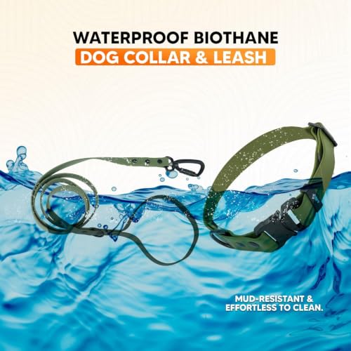 Image of Adil's Biothane Waterproof Dog Collar, Dog Leash & Collar Leash Combo | Heavy Duty TPU Coated Webbing | Adjustable Quick Release Buckle | Odour Resistant (Army Green, M-18, Collar & Leash Combo)