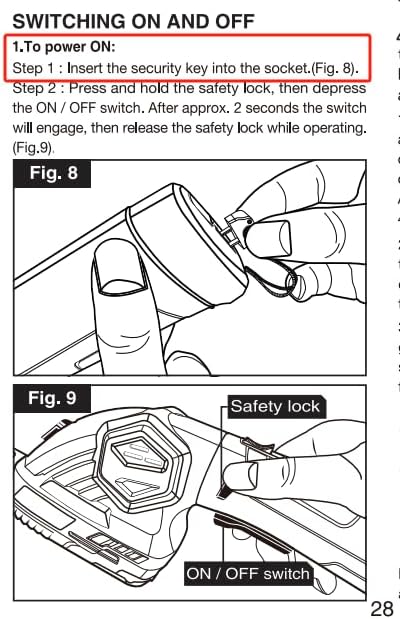 Diagram showing how to power on the SHALL trimmer with security key and safety lock
