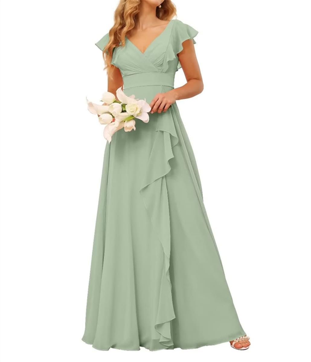 Women's Pleats Chiffon Bridesmaid Dresses V Neck Formal Evening Party Gowns Ceremony Dresses Backless