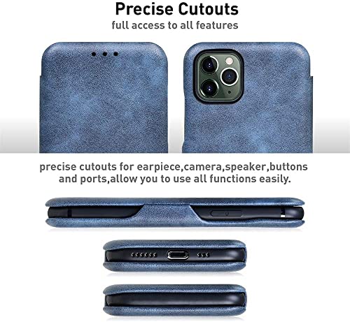 Image of PULOKA for iPhone 14 Pro - Sleek Flip Case - Premium Vegan Leather Phone Cover with Card Slot - Slim, Durable, Privacy Protection - Kickstand Function - Elegant Flip Wallet Cases for Apple - Blue