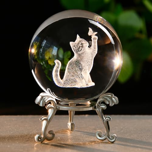 ZRENJHUS Cat Gifts for Women 3D Crystal Ball 60mm Cat Lover Themed Gift with Stand Gifts for Women Mothers Day Christmas Birthday