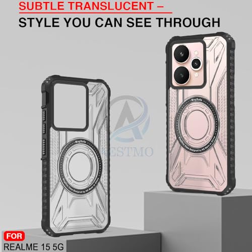 Image of AESTMO Hybrid Shockproof Back Cover Case for Realme 15 /15 Pro 5G Compatible with MagSafe | Hard Back Case Cover for Realme 15 /15 Pro 5G (PC & TPU, Translucent Back, Black Sides)