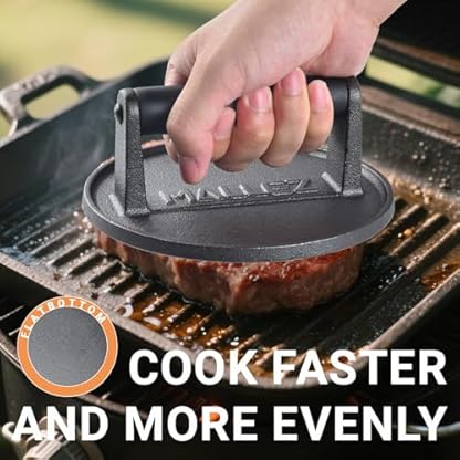 Mallez Burgerpresse aus Gusseisen, 16 cm, rund, robust, mit schwarzem Holzgriff, für Hamburger, Grill, Sandwich, Antihaft-Pfanne, BBQ – Bild 6