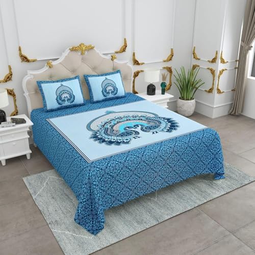 Image of Pure 100% Cotton Double Bed Sheet with 2 Pillow Covers (Bedsheet for Double Bed Cotton, Multicolour Jaipuri, Double Bed Sheet (Sky Blue & White, 90X100 Inch)