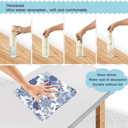 Image of Cotton Kitchen Dish Cloths, Blue Grey Flower Pattern Ultra Soft Absorbent Quick Drying Dish Towels, 11 x 11 Inches, 6-Pack, Reusable Cleaning Cloths