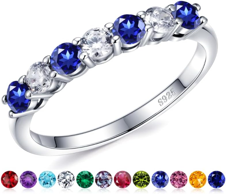 Iefil Birthstone Rings for Women - 925 Sterling Silver Half Eternity Band Rings, Created Gemstone, Birthday Anniversary Wedding Band for Women Wife, 7 Stone, Size 5 to 9