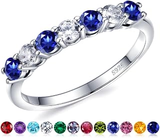 Birthstone Rings for Women - 925 Sterling Silver Half Eternity Band Rings, Created Gemstone, Birthday Anniversary Wedding Band for Women Wife, 7 Stone, Size 5 to 9