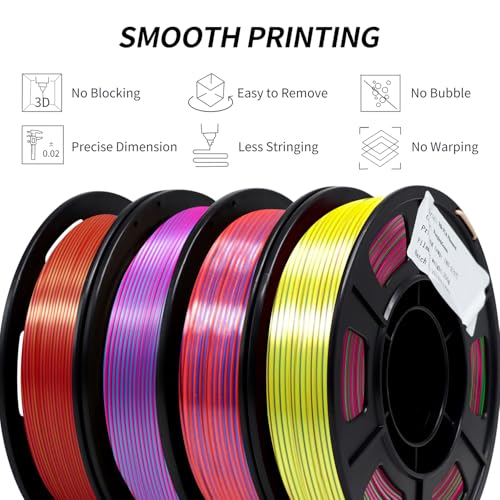 Image of YOUSU 3D Printer Filament Tri Color Silk PLA Filament 1.75mm, 3D Printing Filament Bundle,Multicolor Filament Like Rainbow PLA, 250g X 4 Pack.