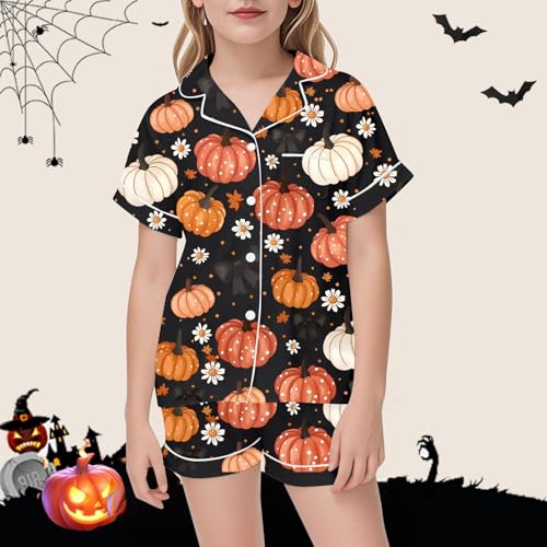 Girls 𝙋𝙖𝙟𝙖𝙢𝙖s Set Silk Satin Halloween Pumpkin Ghost Print Button Down Shirts and Shorts 2 Piece Fall Clothes2