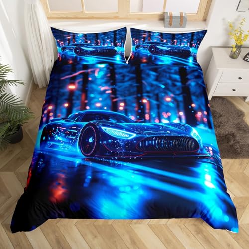 Homewish Parure de Lit Voiture 1 Personne Sets de Housses de Couettes Voiture de Course de Vitesse, Housse de Couette 140x200 Jeux de Sports Extrêmes, Couvre...